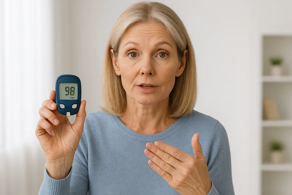 Anwenderin zeigt Blutzuckermessgerät mit Wert 98